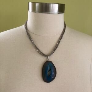 Chunky Natural Blue Agate Pendant Statement Necklace Boho Festival Handmade 19"